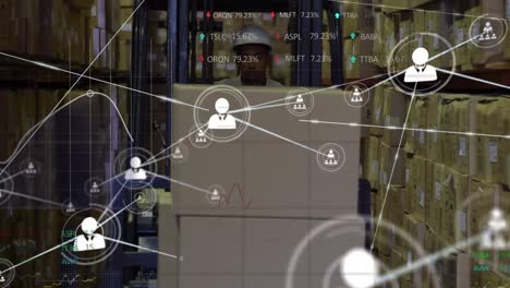 Animation-of-network-of-connections-with-icons-over-man-working-in-warehouse