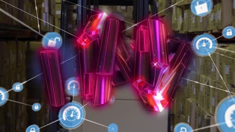 Animation-of-pink-blocks-and-network-of-connections-with-icons-over-man-working-in-warehouse