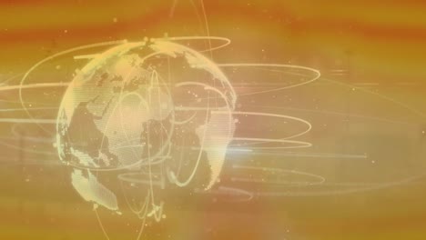 Digital-animation-of-light-trails-over-spinning-globe-against-grey-background