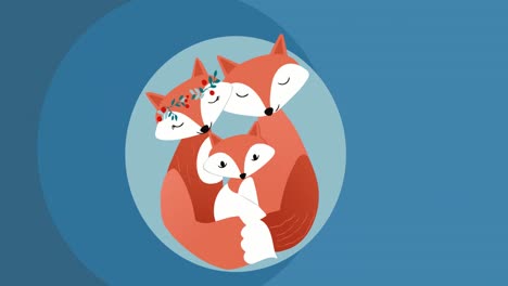 Animation-Einer-Glücklichen-Fuchsfamilie,-Die-Sich-Auf-Blauem-Hintergrund-Umarmt