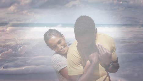 Animation-Eines-Glücklichen-Afroamerikanischen-Paares,-Das-Sich-Am-Strand-über-Dem-Meer-Amüsiert