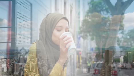 Animation-of-asian-woman-in-hijab-drinking-coffee-over-landscape