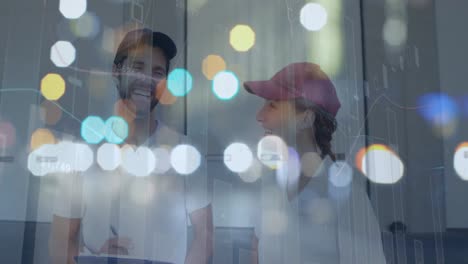 Spots-of-bokeh-light-against-portrait-of-caucasian-delivery-man-and-woman-smiling