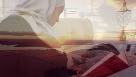 Animation-Einer-Asiatischen-Frau-Im-Hijab,-Die-Ein-Buch-über-Dem-Stadtbild-Liest