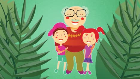 Animation-of-happy-family-embracing-on-green-background
