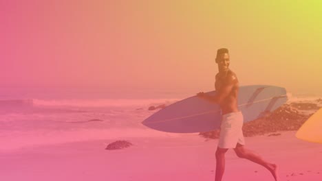 Animation-of-happy-couple-at-beach-on-sunny-day-carrying-surfboards-over-colourful-light