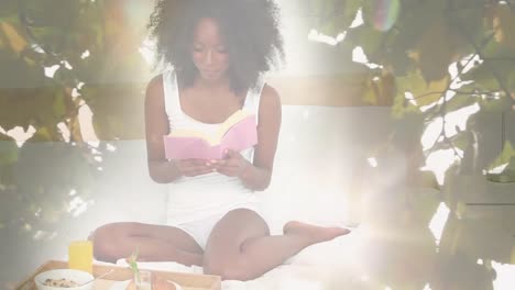 Animation-of-smiling-african-american-woman-sitting-on-bed-with-book,-over-sun-and-leaves