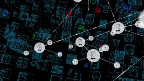 Netzwerk-Aus-Digitalen-Symbolen-Und-Buchstaben,-Die-über-Einem-Luftbild-Stadtmodell-Vor-Schwarzem-Hintergrund-Schweben