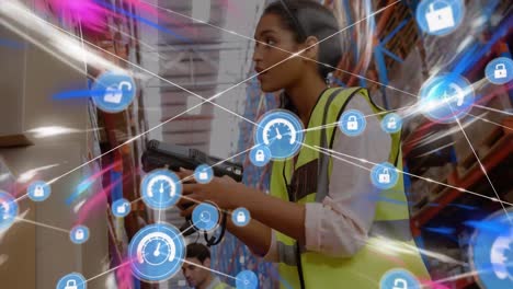 Animation-of-network-of-connections-with-icons-over-woman-working-in-warehouse
