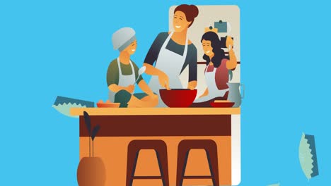 Zusammensetzung-Der-Familienküche-Auf-Blauem-Hintergrund