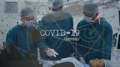 Animation-of-covid-19-text-over-surgeons-operating-in-face-masks