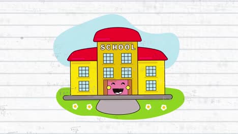 Digitale-Animation-Des-Schulgebäudesymbols-Vor-Mathematischen-Gleichungen-Auf-Weißem-Liniertem-Papier
