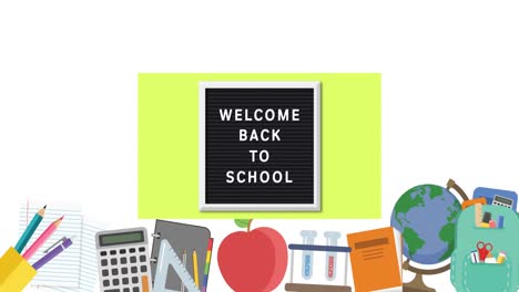 Animation-of-welcome-back-to-school-text-over-school-items-icons