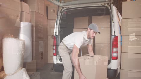 Digital-interface-with-data-processing-against-caucasian-delivery-man-stacking-boxes-in-his-van
