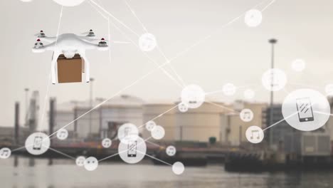Animation-of-network-of-connections-with-icons-over-delivery-drone-with-parcel