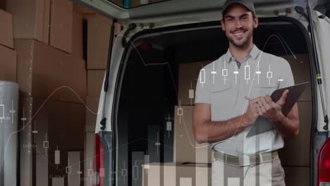 Statistical-data-processing-against-caucasian-delivery-man-with-clipboard-checking-stock-and-smiling