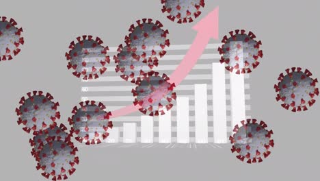 Digitale-Animation-Mehrerer-Covid-19-Zellen-Vor-Statistischer-Datenverarbeitung-Auf-Grauem-Hintergrund