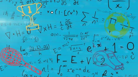 Animation-of-colorful-mathematical-formulas-and-icons-on-blue-background