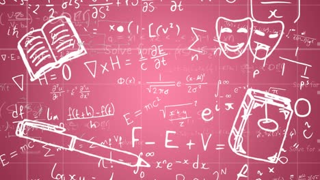 Animation-of-mathematical-formulas-and-colorful-icons-on-red-background