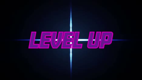 Animation-of-level-up-text-over-blue-lights-on-black-background