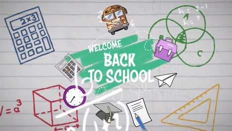 Animation-Des-Textes-„Willkommen-Zurück-In-Der-Schule“-Und-Bunter-Symbole-Auf-Weißem-Hintergrund