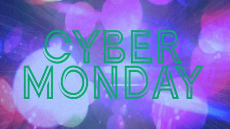 Digital-animation-of-green-cyber-monday-sale-text-banner-against-colorful-spots-of-light