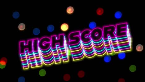 Animation-of-colorful-high-score-text-over-colorful-lights