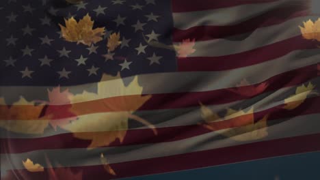 Animation-Der-Datenverarbeitung-über-Der-Amerikanischen-Flagge-Und-Fallenden-Blättern