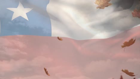 Digitale-Komposition-Von-Chile,-Das-Flagge-über-Herbstblättern-Schwenkt,-Die-Gegen-Wolken-Am-Himmel-Fallen