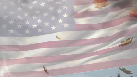 Animation-of-american-flag-and-leaves-falling