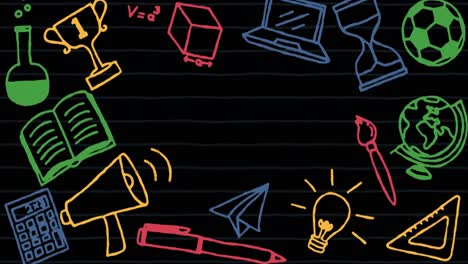 Animation-of-colorful-school-items-icons-on-black-background