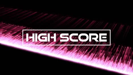 Animation-of-high-score-text-over-lights-and-stripes-on-dark-background