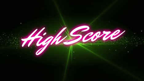 Animation-of-l-high-score-text-over-green-lights-on-dark-background
