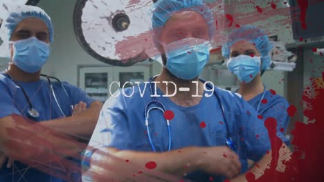 Animation-Von-Covid-19-Text-über-Chirurgen-In-Gesichtsmasken