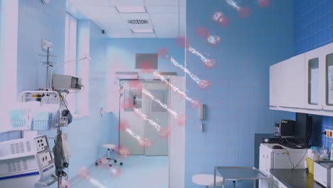 DNA-Struktur-Dreht-Sich-Gegen-Ein-Team-Von-Chirurgen,-Die-Im-Operationssaal-Eines-Krankenhauses-Laufen