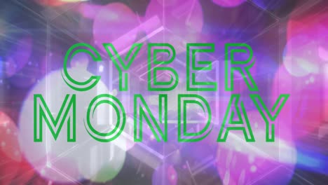 Animation-of-green-text,-cyber-monday,-over-reflective-tunnel-and-colourful-lights