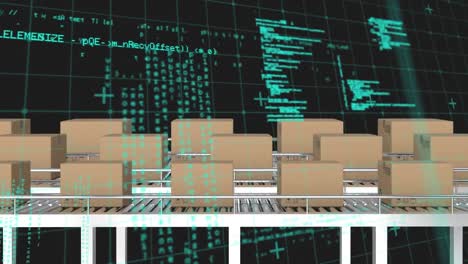 Animation-of-data-processing-over-cardboard-boxes-on-conveyor-belts-in-warehouse