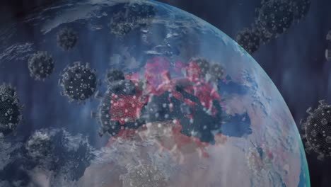 Digitale-Animation-Mehrerer-Covid-19-Zellen,-Die-Vor-Einem-Sich-Drehenden-Globus-Auf-Blauem-Hintergrund-Schweben