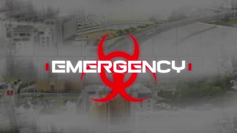 Emergency-text-over-red-biohazard-symbol-against-city-traffic-in-background