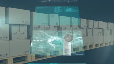 Animation-of-data-processing-over-cardboard-boxes-on-conveyor-belt-in-warehouse