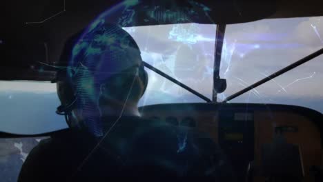 Animation-of-globe-with-network-of-connections-over-pilot-in-airplane
