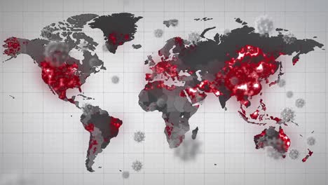 Animación-Digital-De-Múltiples-Células-Covid-19-Flotando-Contra-El-Mapa-Mundial-Sobre-Fondo-Gris