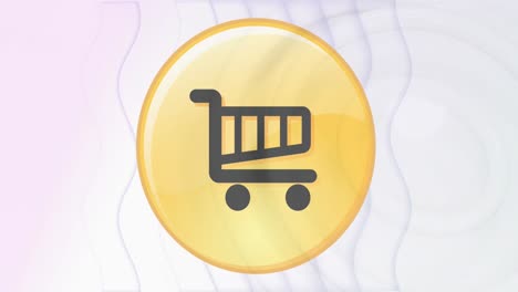 Digital-animation-of-shopping-cart-icon-on-yellow-banner-over-concentric-waves-on-white-background