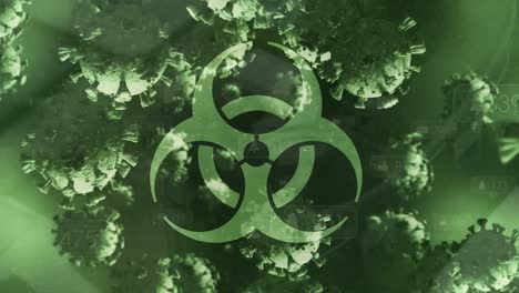 Biohazard-symbol-and-covid-19-cells-against-digital-icon-with-increasing-numbers-on-green-background
