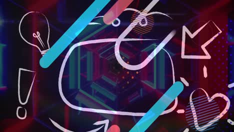 Digital-animation-of-colorful-abstract-shapes-and-multiple-icons-against-glowing-tunnel