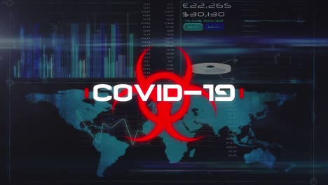 Animation-of-covid-19-warning-text-over-data-processing-and-world-map