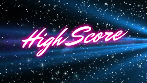Digital-animation-of-neon-pink-high-score-text-over-light-trail-and-shining-stars-on-blue-background