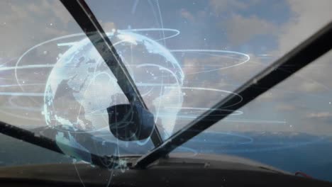 Animation-Des-Globus-Mit-Netzwerk-Von-Verbindungen-über-Flugzeug
