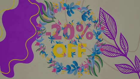 Digitale-Animation-Eines-20-Prozent-Verkaufstextbanners-Und-Blumenmusters-Vor-Grauem-Grunge-Hintergrund
