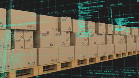 Animation-of-data-processing-over-cardboard-boxes-on-conveyor-belt-in-background